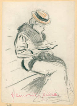 Lesende Frau auf einer Bank im Dreiviertelprofil