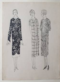 Modezeichnung im Atelier WKS von Rudolf Förster, drei Sommerkleider