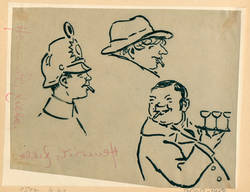 3 Skizzen von Rauchern: Polizist, Mann mit Hut und Kellner