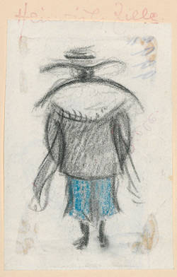 Frau mit Pelzstola und großem Hut, Rückenansicht