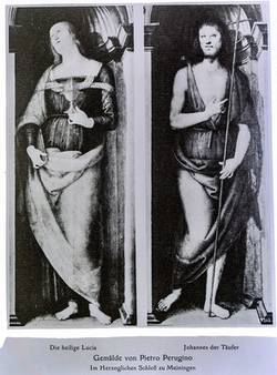 Kunstreproduktion aus einem Buch: "Die Heilige Lucia und Johannes der Täufer, Gemälde von Pietro Perugino Im Hezoglichen Schloß Meiningen"