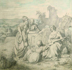 Vier junge Mädchen neben einer Ruine