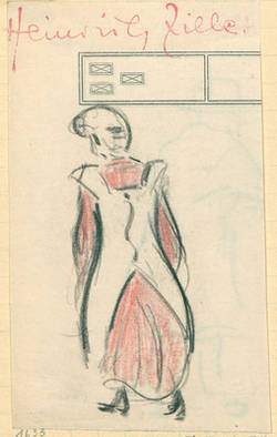 Frau im Kleid mit Schürze, Rückenansicht