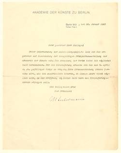 Brief von Max Liebermann m.e.U. an Heinrich Zille betr. Beteiligung an Frühjahrausstellung der Akademie der Künste