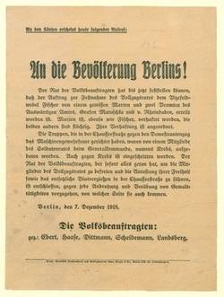 "An die Bevölkerung Berlins! Der Rat der Volksbeauftragten [...]"