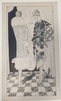 Zeichnungen von Rudolf Förster im Atelier WKS, Zwei Damen auf Schachbrettfußboden