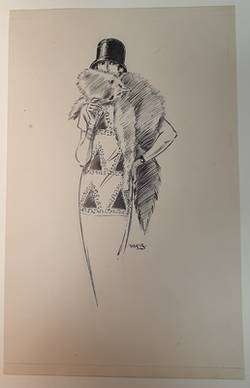 Modezeichnung einer Dame mit Fuchspelz;