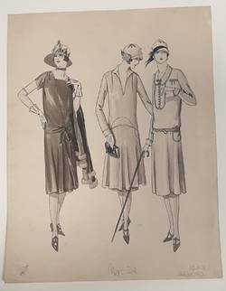 Zeichnung von Rudolf Förster im Atelier WKS, Drei Damen im Nachmittagskleid