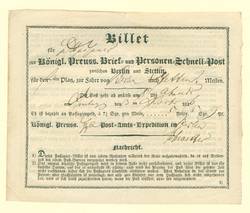 Die Dokumentenmappe enthält auch ein Passagierbillet von 1826 der Königl. Preuss. Brief- und Personen-Schnell-Post zwischen Berlin und Stettin (Jü 20.04.2011) ;