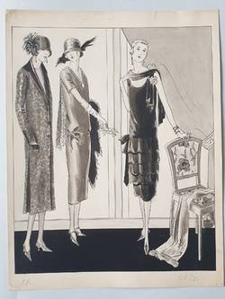Modezeichnung im Atelier WKS von Rudolf Förster, drei Damen in Kleidern und Mantel