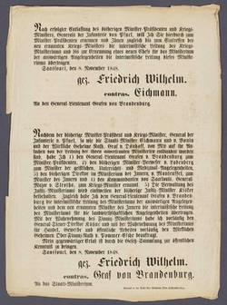 Öffentliche Bekanntmachung: Ernennung des Grafen von Brandenburg zum preußischen Ministerpräsidenten - Maueranschlag