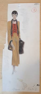 Modezeichnung: Figurine in Kostüm mit Pelzbesatz und roter Bluse