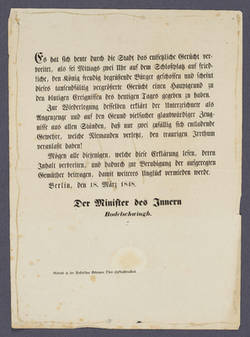 Verlautbarung des Innenministers zu den Ereignissen vom 18. März 1848 in Berlin - Maueranschlag