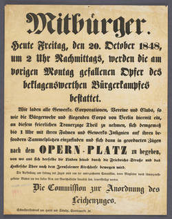 Bekanntmachung über die Feierlichkeiten anläßlich der Bestattung der "gefallenen Opfer des beklagenswerthen Bürgerkampfes" am 16.10.1848 