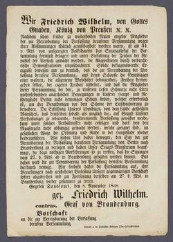 "Botschaft an die zur Vereinbarung der Verfassung berufene Versammlung." von Friedrich Wilhelm IV. - Maueranschlag