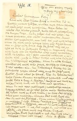 Eigenhändiger Brief von Heinrich Zille an Hermann Frey betr. allgemeiner Befindlichkeit und eines Besuches Freys bei Zille und was mitzubringen nett wäre.;
