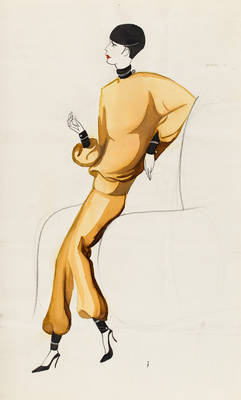 Figurine mit elegantem Hosenanzug in gelb, mit schwarzen Arm- und Beinbündchen und Halsblende