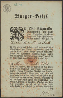 Bürgerbrief des Instillateurs Martin Friedrich Bolle