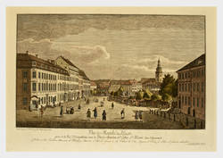 Vue du Marché de Hack / prise de la Rue d ' Orangebourg, avec le Pont de Spandau, et l ' Eglise Ste Marie dans l ' éloignement. [...]