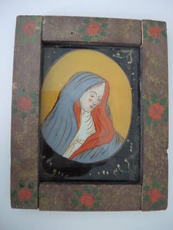 eingerahmete Hinterglasmalerei mit Mutter Maria