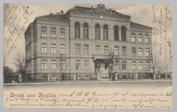 Fotopostkarte, "Gruss aus Steglitz", Ansicht der Realschule