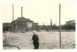 Auf dem hinteren Teil eines Lauben-Grundstücks Kolonie Eichbornplan 1949/50 erbautes Haus, im HG Schornstein der Firma Kübler Gummifrabrik und Segenskirche