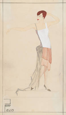 Figurine mit Tanzkleid, weißes Oberteil mit braunem Stufenrock mit Schleppteil