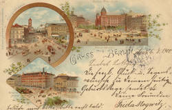 Gruß aus Berlin Karte, Ansichten: Alexanderplatz mit Polizei-Präsidium, Königsstrasse, Grand Hotel;