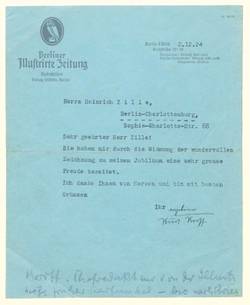 Maschinenschriftlicher Brief von Kurt Korff m.e.U. an Heinrich Zille betr. Dankschreiben für die "Widmung der wundervollen Zeichnung zu meinem Jubiläum"