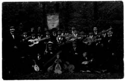Gruppenbildnis Mandolinenverein Harmonie in einem Wald mit Erich Hübner