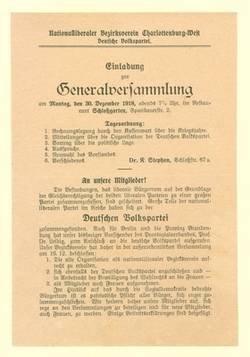 Einladung zur Generalversammlung des Nationalliberalen Bezirksvereins Charlottenburg-West.