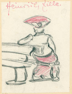 Frau mit großem Hut auf Doppelbank, Rückansicht
