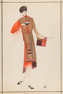 Nach links gewandte Figurine mit Nachmittagskleid in rot u. braun, um 1927