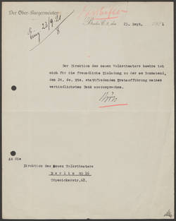 Gustav Böss an die Direktion des Neuen Volkstheater;