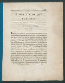Éloge historique de M. Banks:Lu à la séance publique de l'Académie royale des Sciences, le 2 avril 1821 / par G. Cuvier.;