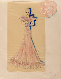 Entwurfszeichnung, Figurine im zarten rodafarbenen Abendkleid mit üppig plissiertem Kragen, zum Film-Kongress-Ball;
