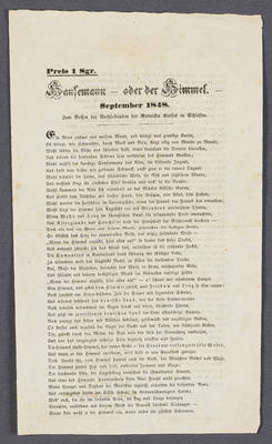 „Hansemann - oder der Himmel. - September 1848. - Zum Besten der Notleidenden des Rybnicker Kreises in Schlesien.