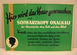 Werbeschild für die Haarwäsche "Onalkali" von Schwarzkopf