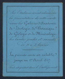 André Marie Constant Duméril, Eintrittskarte für das Muséum national d’histoire naturelle in Paris