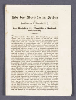 "Rede des Abgeordneten Jordan zu Frankfurt am 7. November d. J., über das Verhalten der Preußischen National-Versammlung."