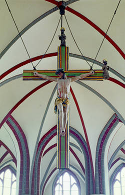 Triumphkreuz aus der Marienkirche mit den Evangelistensymbolen von Johannes und Lucas;