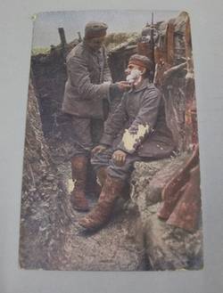 Feldpostkarte "Wirklichkeitsbilder vom Kriegsschauplatz- Nr. 108 Der Barbier im Schützengraben"