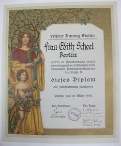 Diplom für das nationale Damenpreisfrisieren für Edith Scheel;