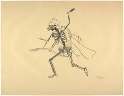 Hintergrundprojektion "Angreifendes Skelett mit Gasmaske, Handgranate und Flammenwerfer, Schlachtfeld - 2. Teil, 4. Bild"