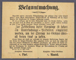 "Bekanntmachung" betreffend die Einleitung eines Untersuchungs-Verfahrens wegen der "Straßen-Excesse" am 14. März 1848 - Maueranschlag