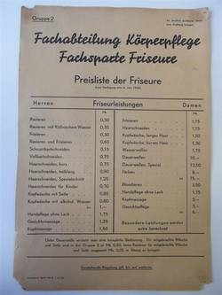 Preisliste der Friseure vom 4. Juni 1946