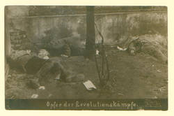 "Opfer der Revolutionskämpfe."; Drei Erschossene vor einer Wand.