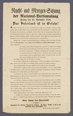 "Nacht- und Morgen-Sitzung der National-Versammlung, Freitag den 10. November 1848. Das Vaterland ist in Gefahr!"