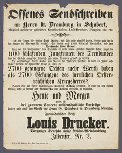 „Offenes Sendschreiben an Herrn Dr. Dramburg in Schubert, Mitglied mehrerer gelehrten Gesellschaften, Luft-Drucker, Pumpier, etc. etc."