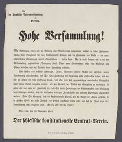"Hohe Versammlung!" - Offener Brief des schlesisch konstitutionellen Central-Vereins an die Preußische Nationalversammlung